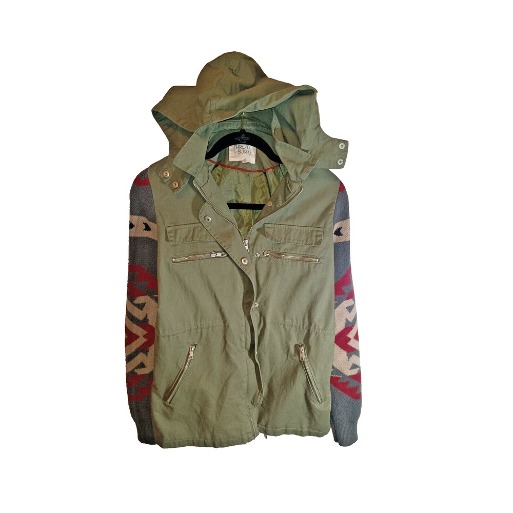 Thread & Supply hooded Jacket olive green utility Aztec knit size meduim